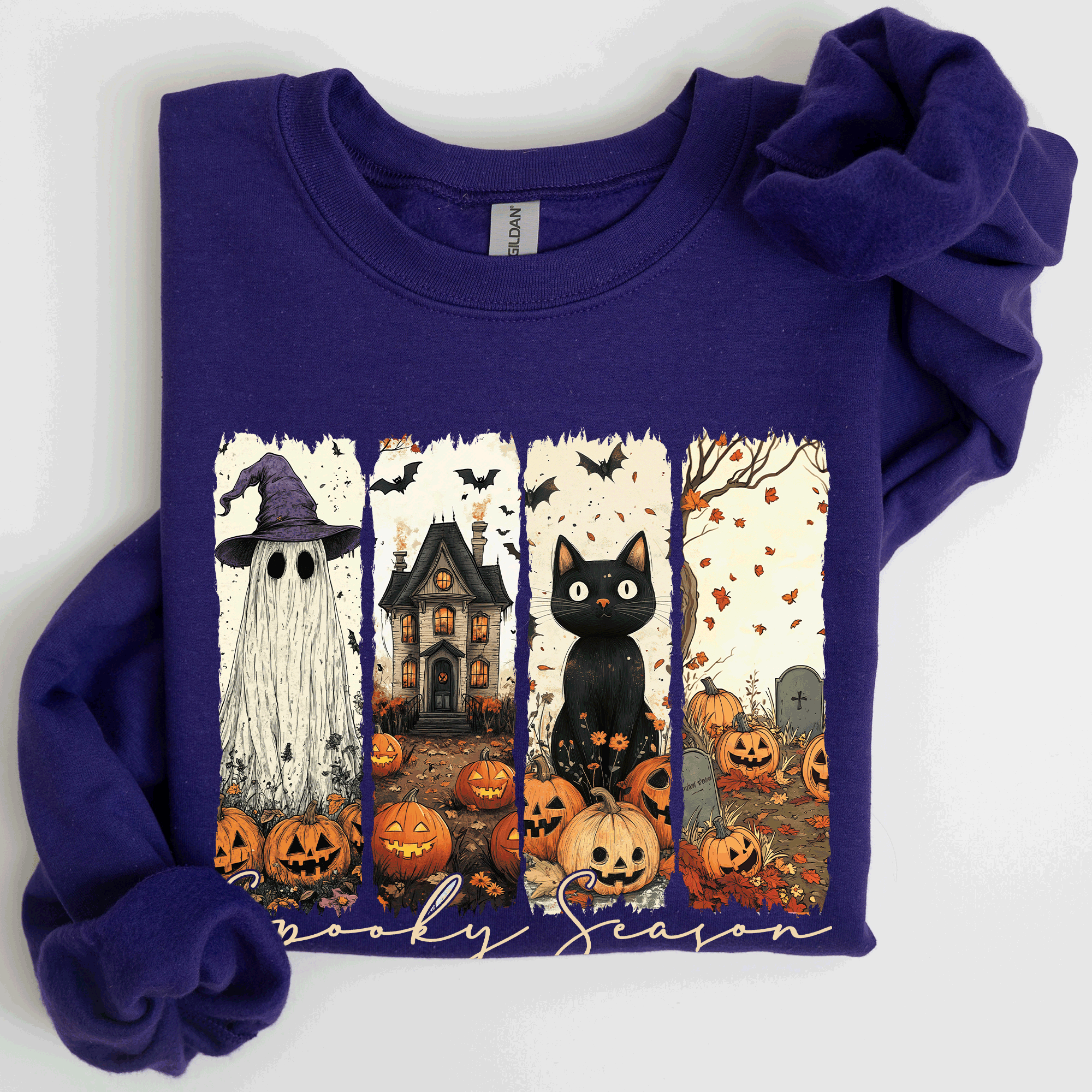 Spooky Season Striped Halloween Cat Ghost Pumpkins Autumn Cozy Classic Sweatshirt
