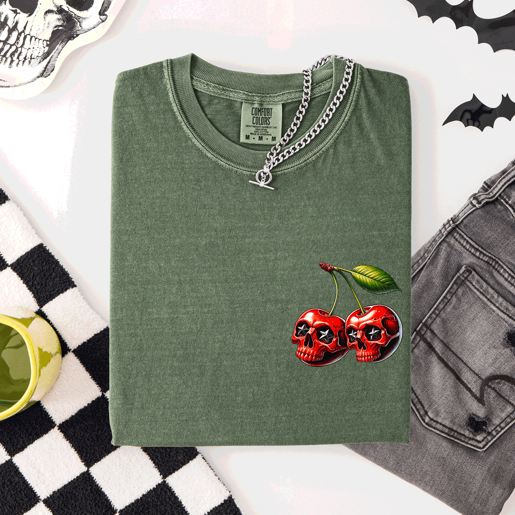 Spooky Skull Cherries Halloween Skeleton Stars Whimsical Night Sky Comfort Colors Tee