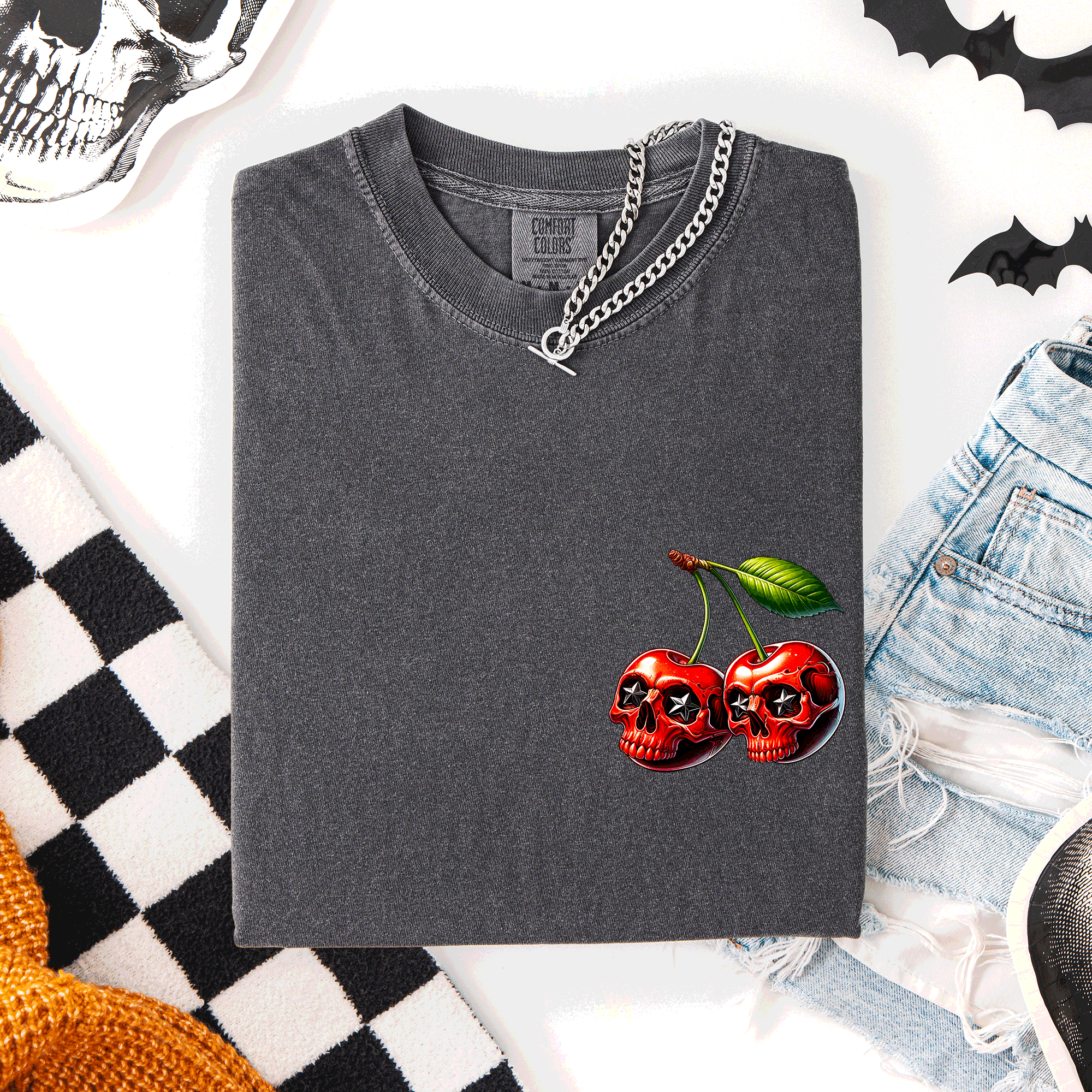 Spooky Skull Cherries Halloween Skeleton Stars Whimsical Night Sky Comfort Colors Tee