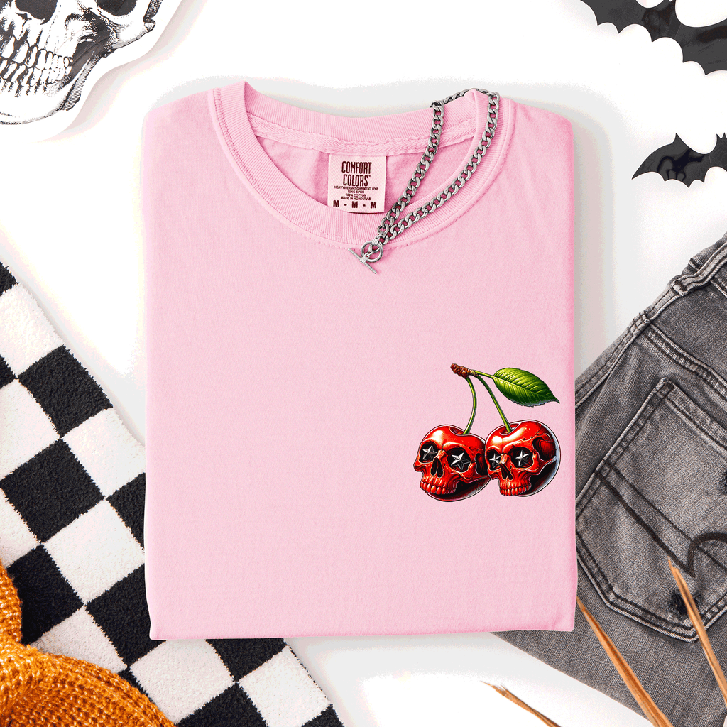 Spooky Skull Cherries Halloween Skeleton Stars Whimsical Night Sky Comfort Colors Tee