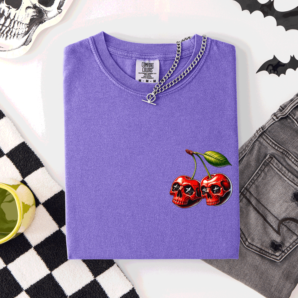Spooky Skull Cherries Halloween Skeleton Stars Whimsical Night Sky Comfort Colors Tee