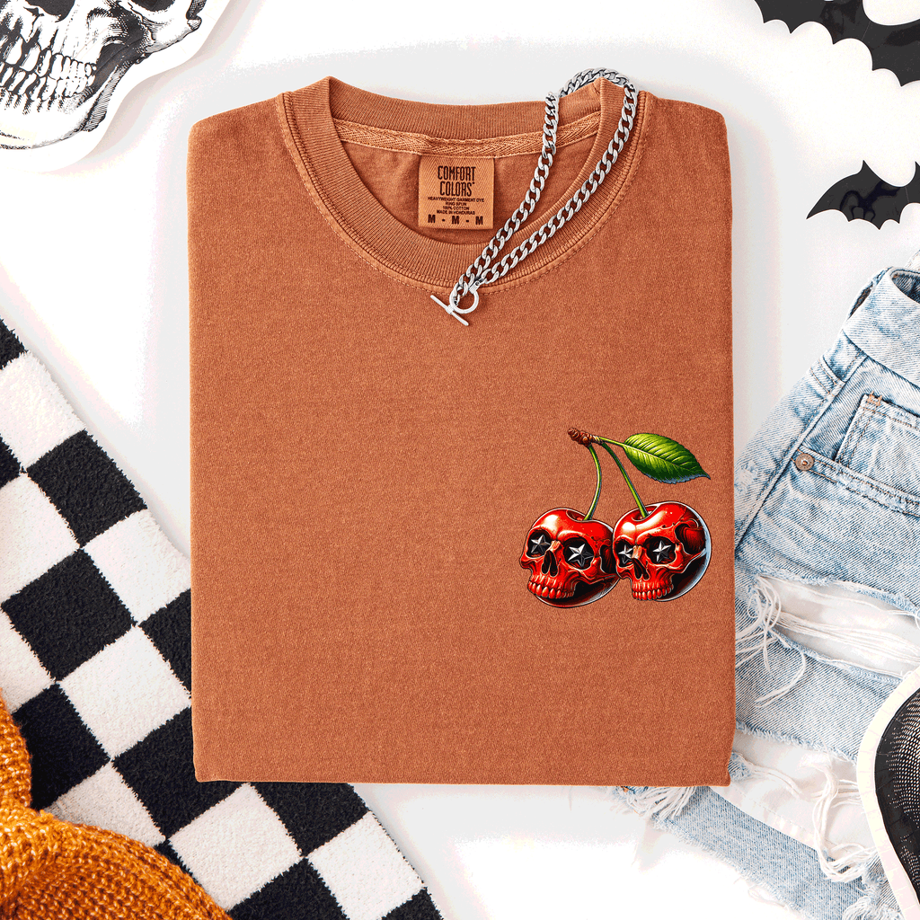 Spooky Skull Cherries Halloween Skeleton Stars Whimsical Night Sky Comfort Colors Tee