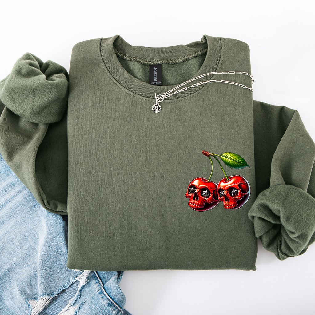 Spooky Skull Cherries Halloween Skeleton Stars Night Sky Ghosts Haunted Festival Scene Sweatshirt
