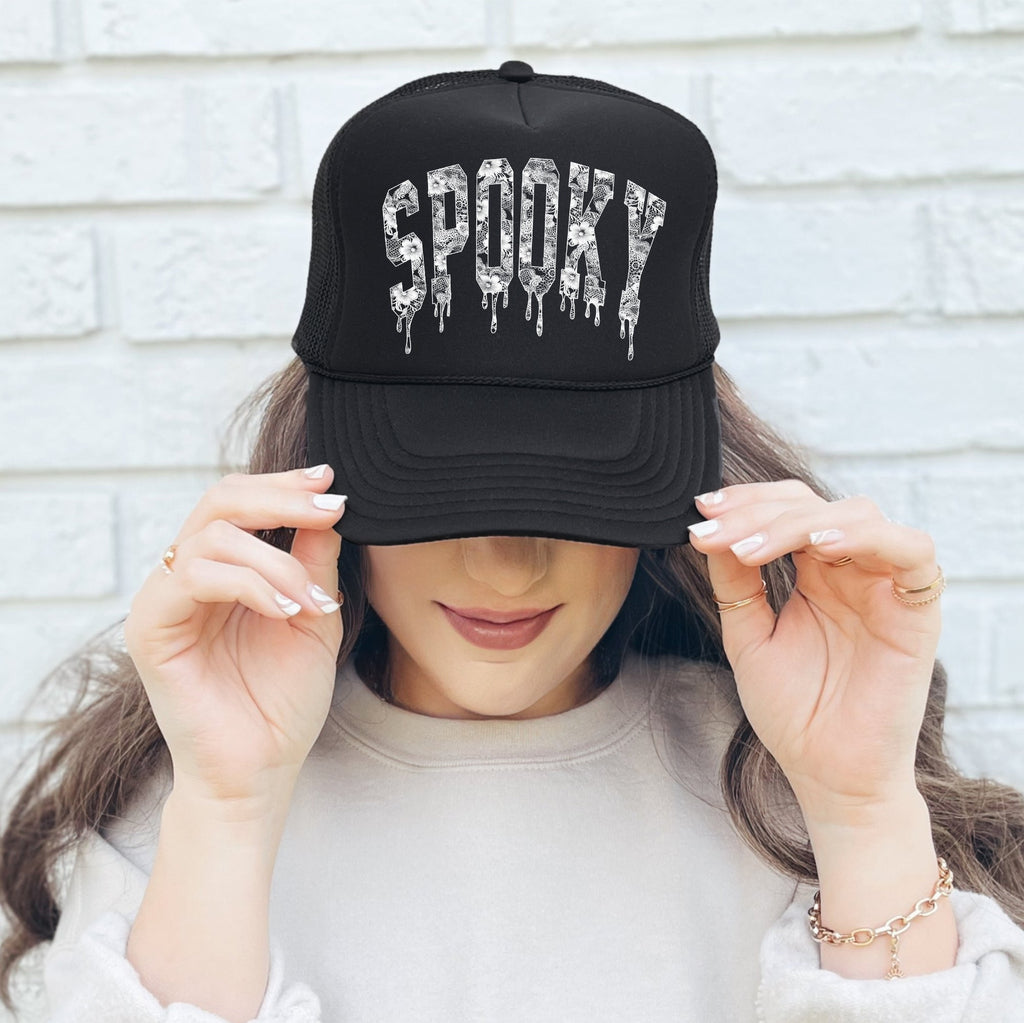 Spooky Faux Lace Halloween Graphic Print With Edgy Snarky Vibes And Bold Statement Trucker Hat