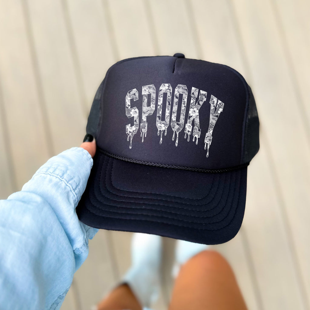 Spooky Faux Lace Halloween Graphic Print With Edgy Snarky Vibes And Bold Statement Trucker Hat