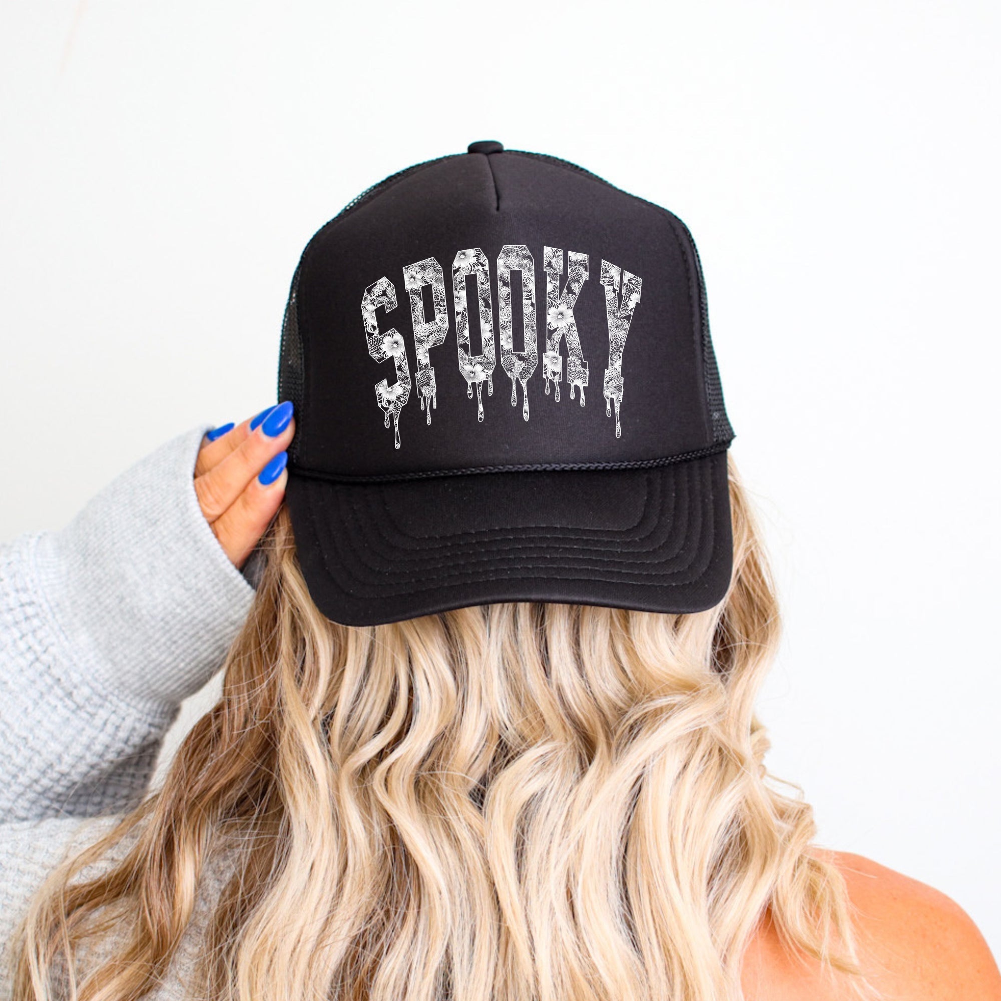 Spooky Faux Lace Halloween Graphic Print With Edgy Snarky Vibes And Bold Statement Trucker Hat