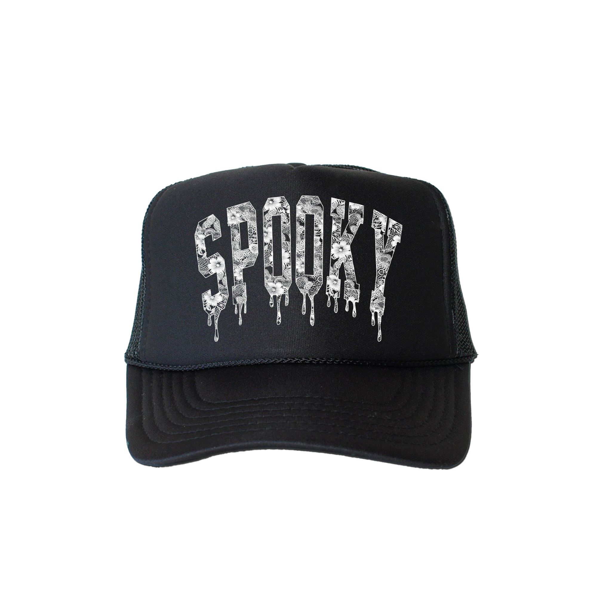 Spooky Faux Lace Halloween Graphic Print With Edgy Snarky Vibes And Bold Statement Trucker Hat