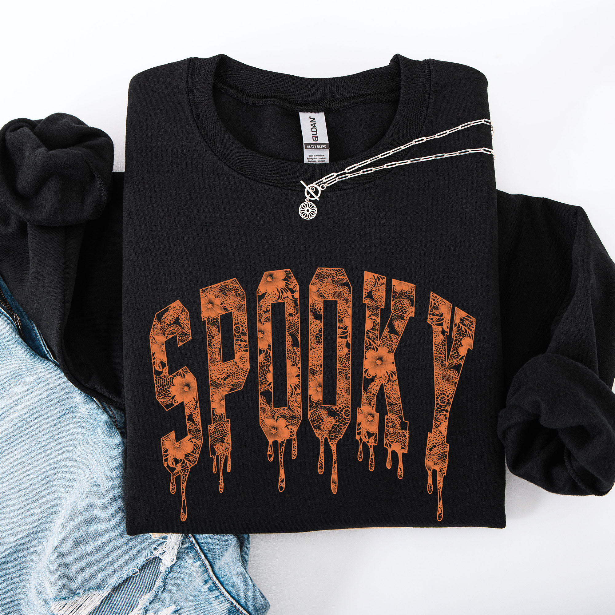 Spooky Faux Lace Halloween Coquette Embellished Vintage Gothic Ornament Sweatshirt