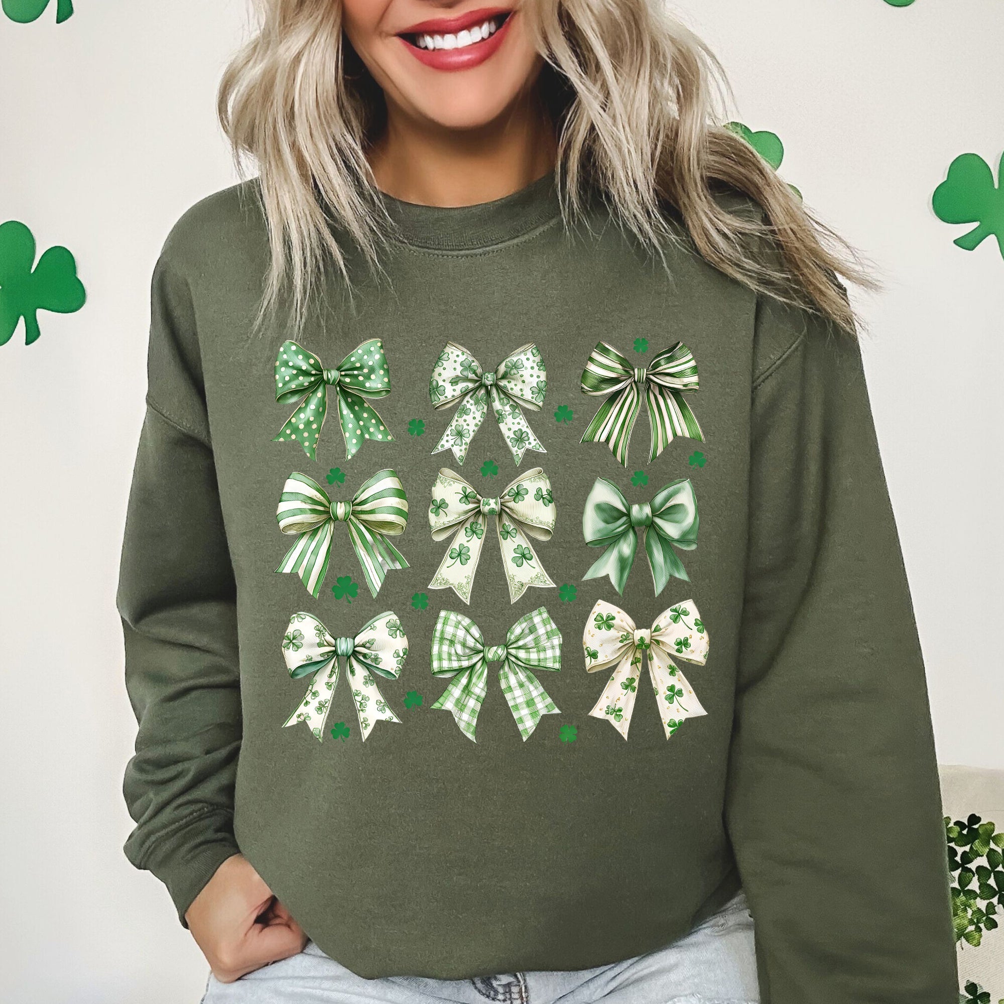 St Patrick's Coquette Bows Ribbons St Patrick's Day Shamrock Clover Leprechaun Sweatshirt