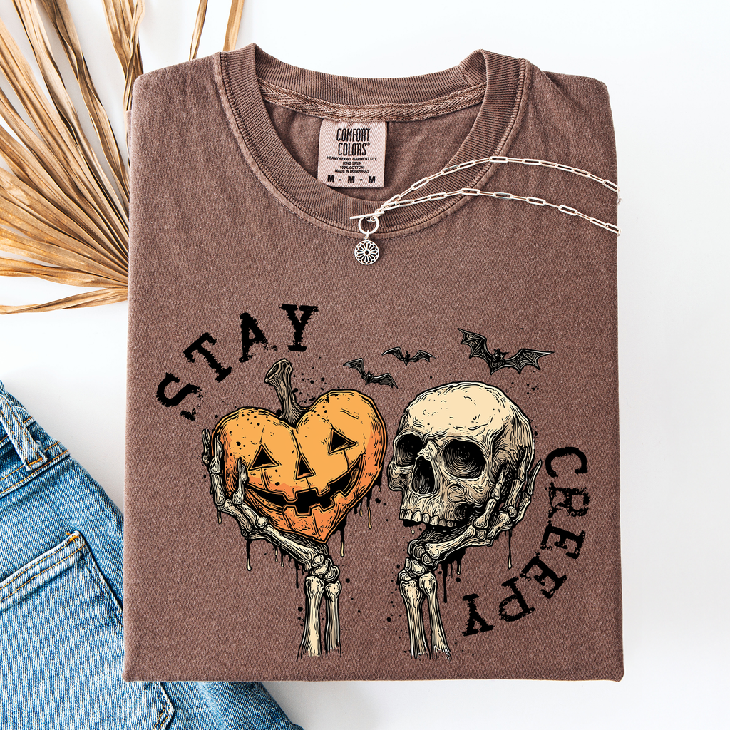 Stay Creepy Halloween Pumpkin Heart Skeleton Bats Leopard Print Checkered Comfort Colors Tee