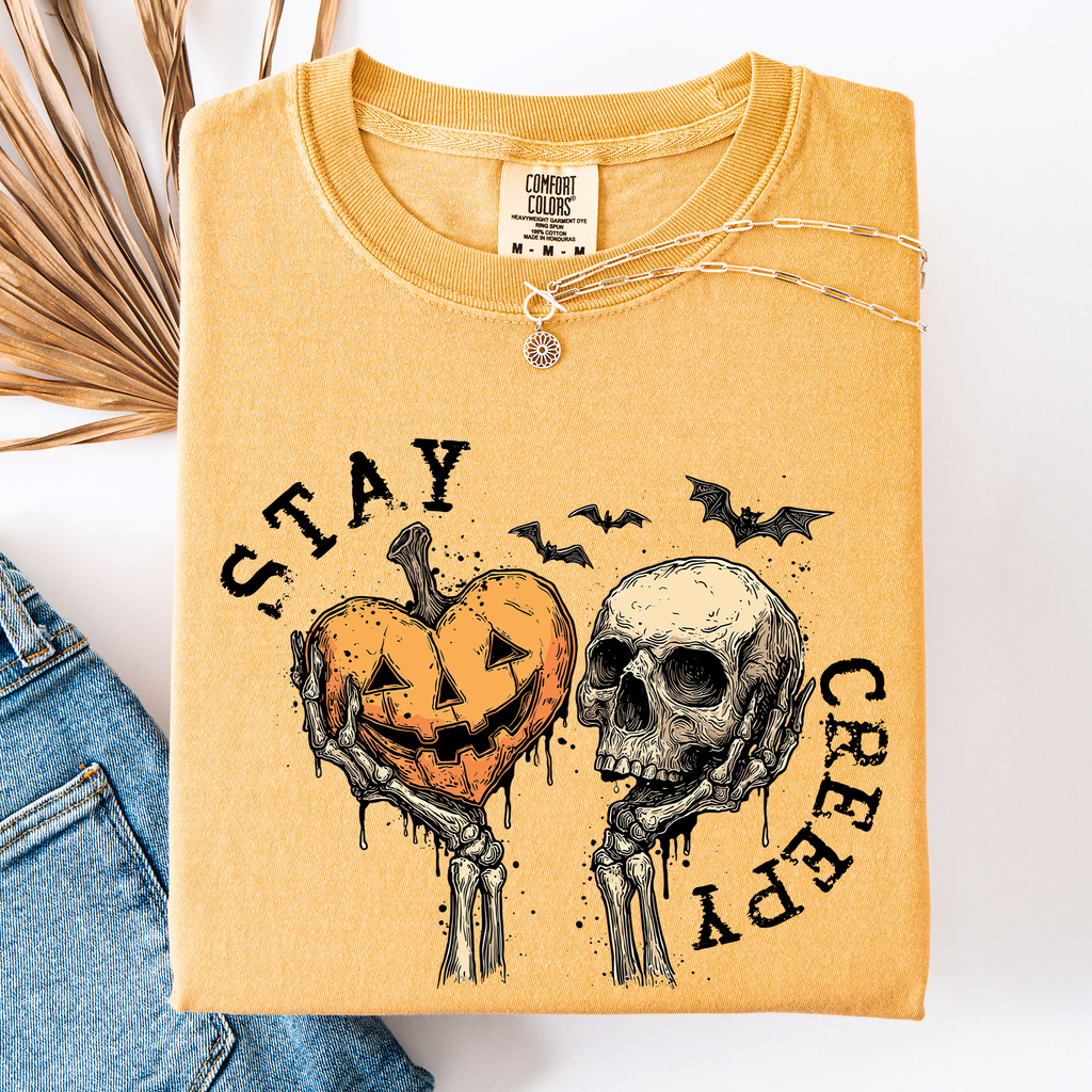 Stay Creepy Halloween Pumpkin Heart Skeleton Bats Leopard Print Checkered Comfort Colors Tee