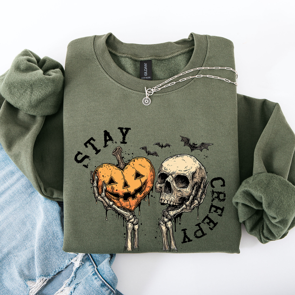 Stay Creepy Halloween Pumpkin Heart Skeleton Cute Bats Spooky Nightfall Gothic Adventure Sweatshirt