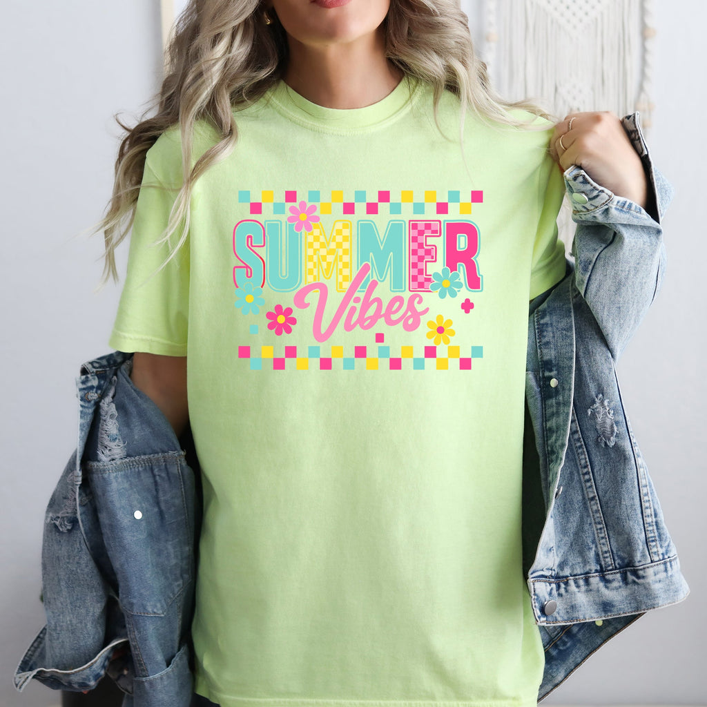 Summer Vibes Checkered Retro Floral Garden Party Collection Edition Comfort Colors Tee