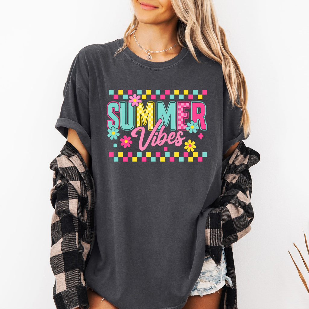Summer Vibes Checkered Retro Floral Garden Party Collection Edition Comfort Colors Tee