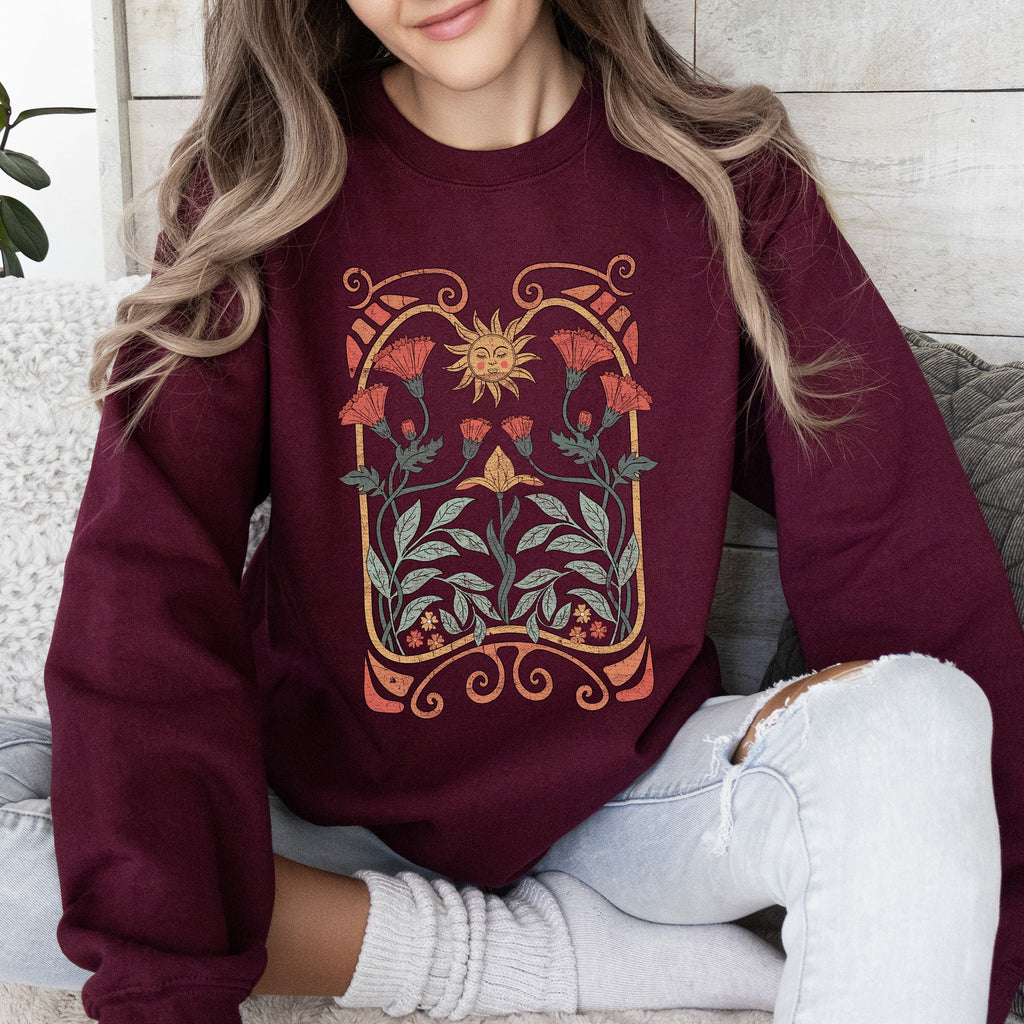 Sun Art Deco Design Celestial Art Nouveau Solar Rays And Stars Motif Modern Sweatshirt