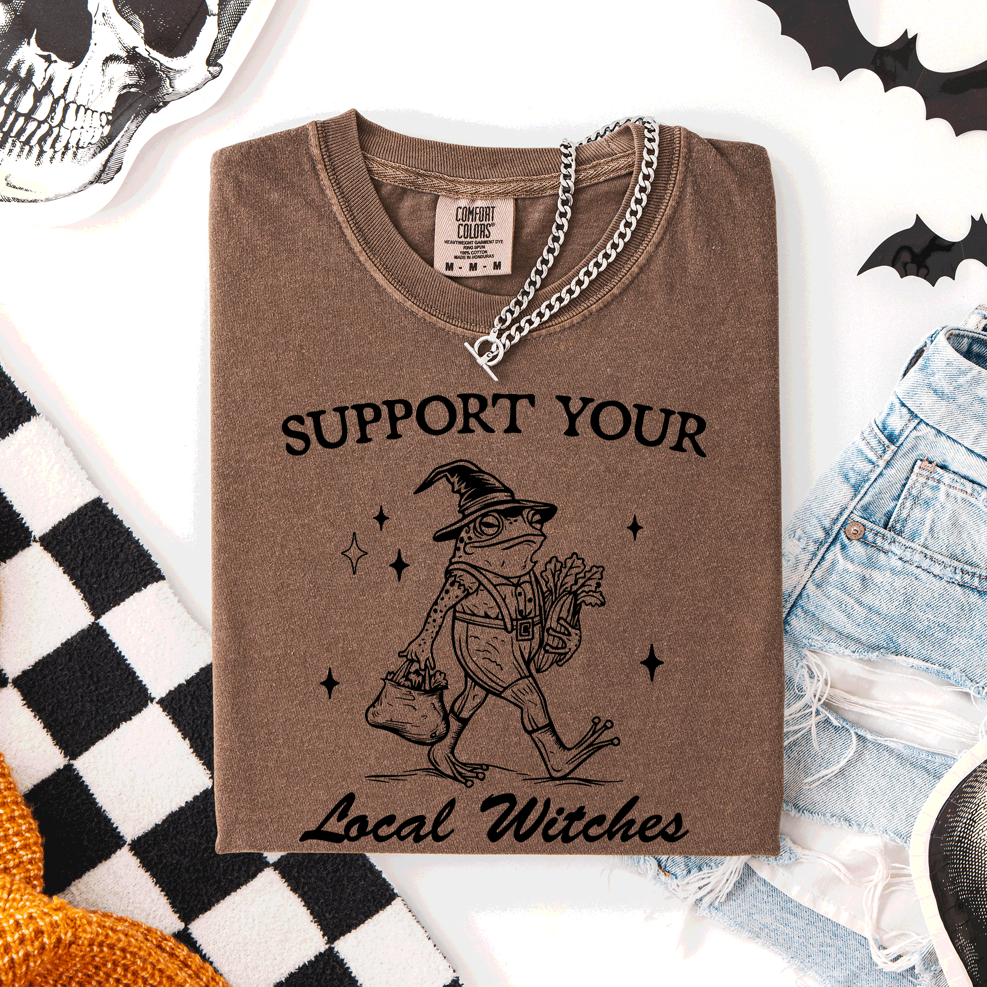 Support Your Local Witches Frog Halloween Witch Spooky Season Graphic Design Edition Comfort Colors Tee