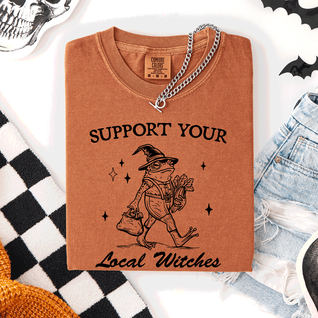Support Your Local Witches Frog Halloween Witch Spooky Season Graphic Design Edition Comfort Colors Tee