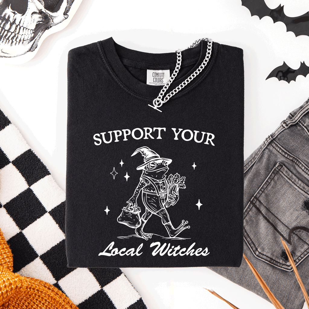 Support Your Local Witches Frog Halloween Witch Spooky Season Graphic Design Edition Comfort Colors Tee