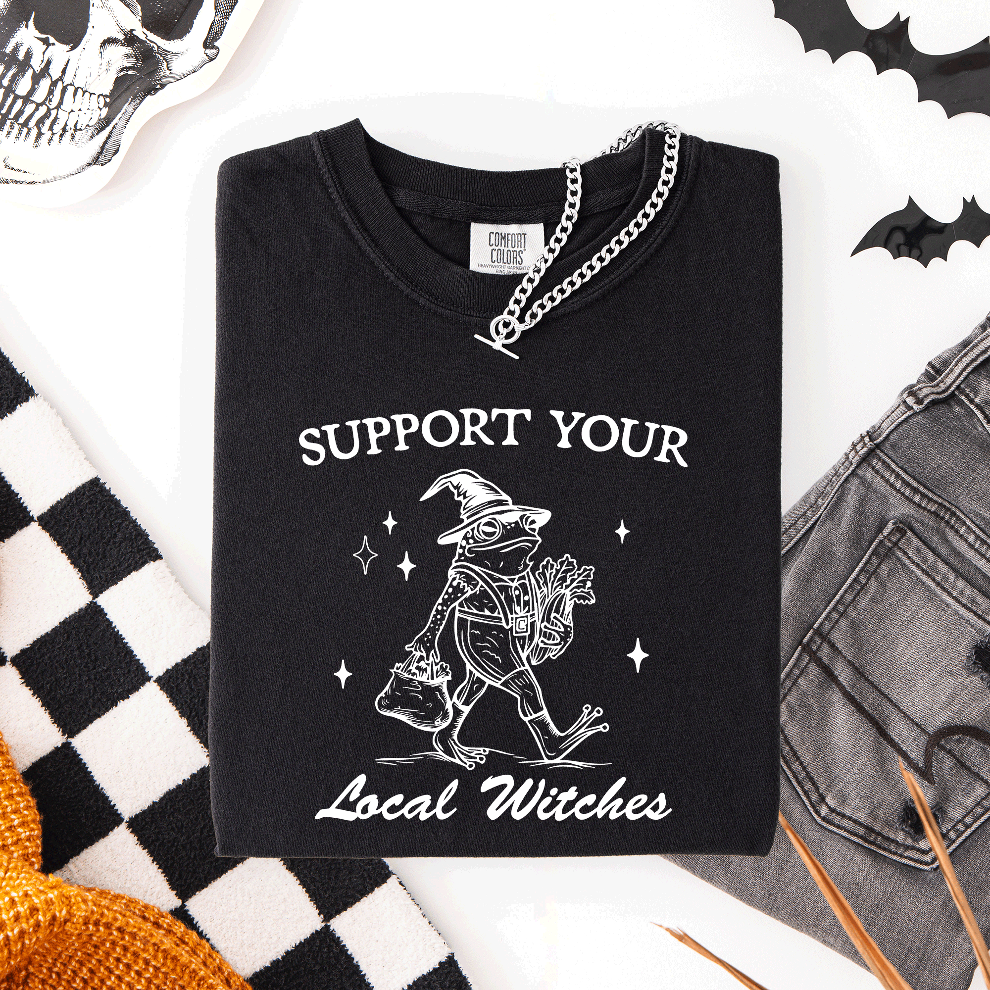 Support Your Local Witches Frog Halloween Witch Spooky Season Graphic Design Edition Comfort Colors Tee