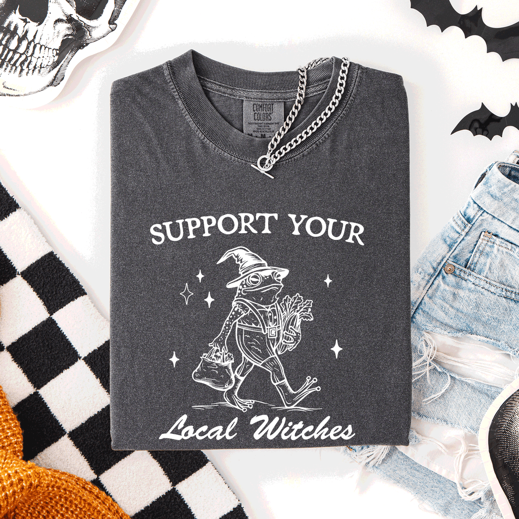 Support Your Local Witches Frog Halloween Witch Spooky Season Graphic Design Edition Comfort Colors Tee