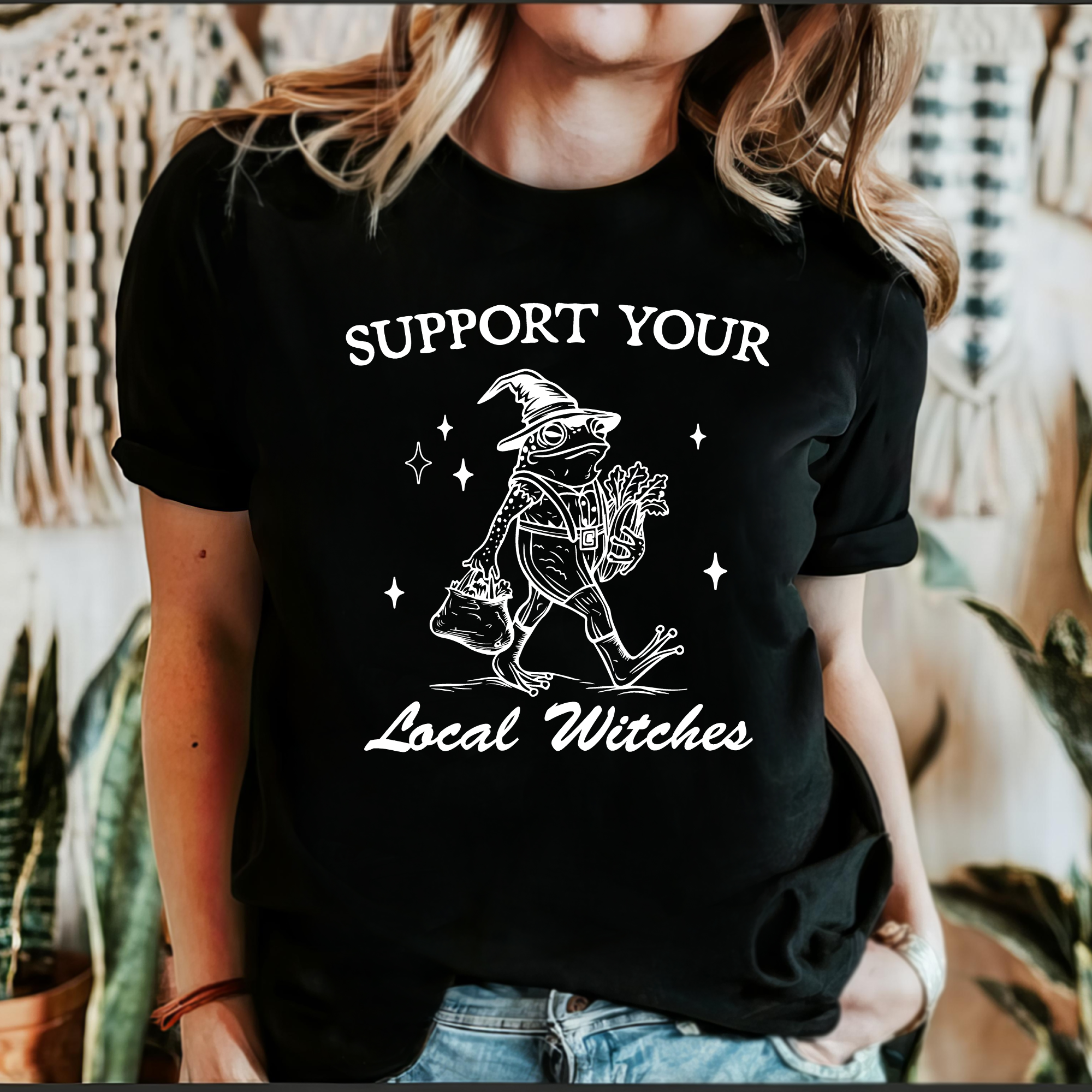 Support Your Local Witches Frog Halloween Witchy Spooky Haunted Night Sky Graphic Tee