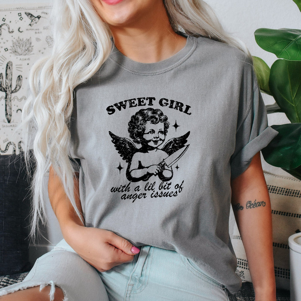 Sweet Girl Anger Issues Cupid Angel Meme Phrase Artwork Edition Comfort Colors Tee