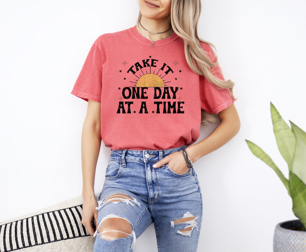 Take It One Day At A Time Let Go Mental Health Self Care Positivity Sun Stars Comfort Colors Tee