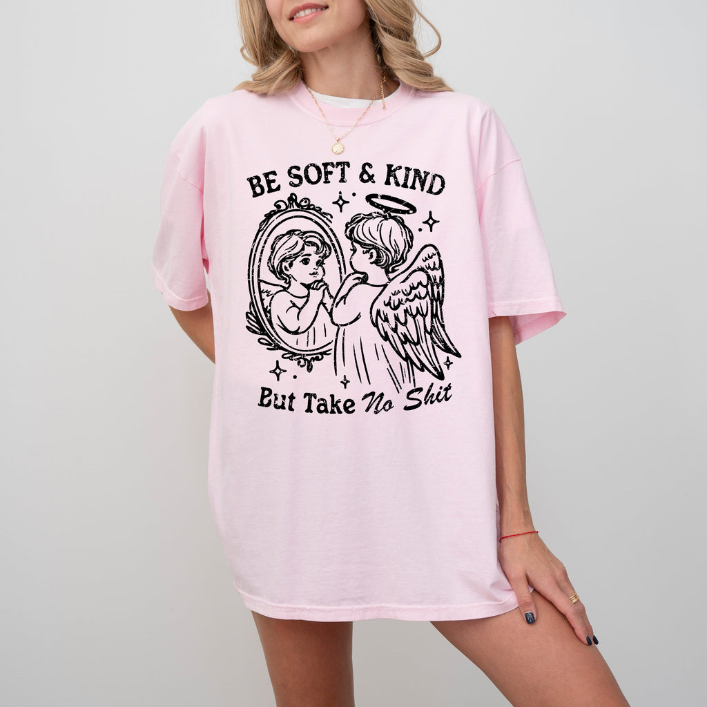 Take No Shit Angel Be Kind Meme Quote Bold Attitude Statement For Everyday Wear And Confidence Comfort Colors Tee