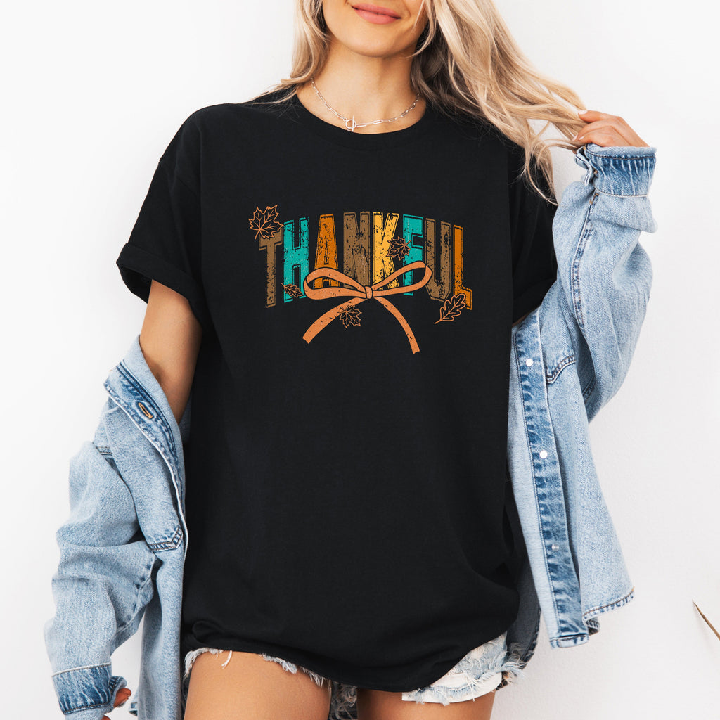 Thankful Fall Autumn Bow Ribbon Harvest Moon Halloween Whimsy Cozy Seasonal Delight Graphic Tee