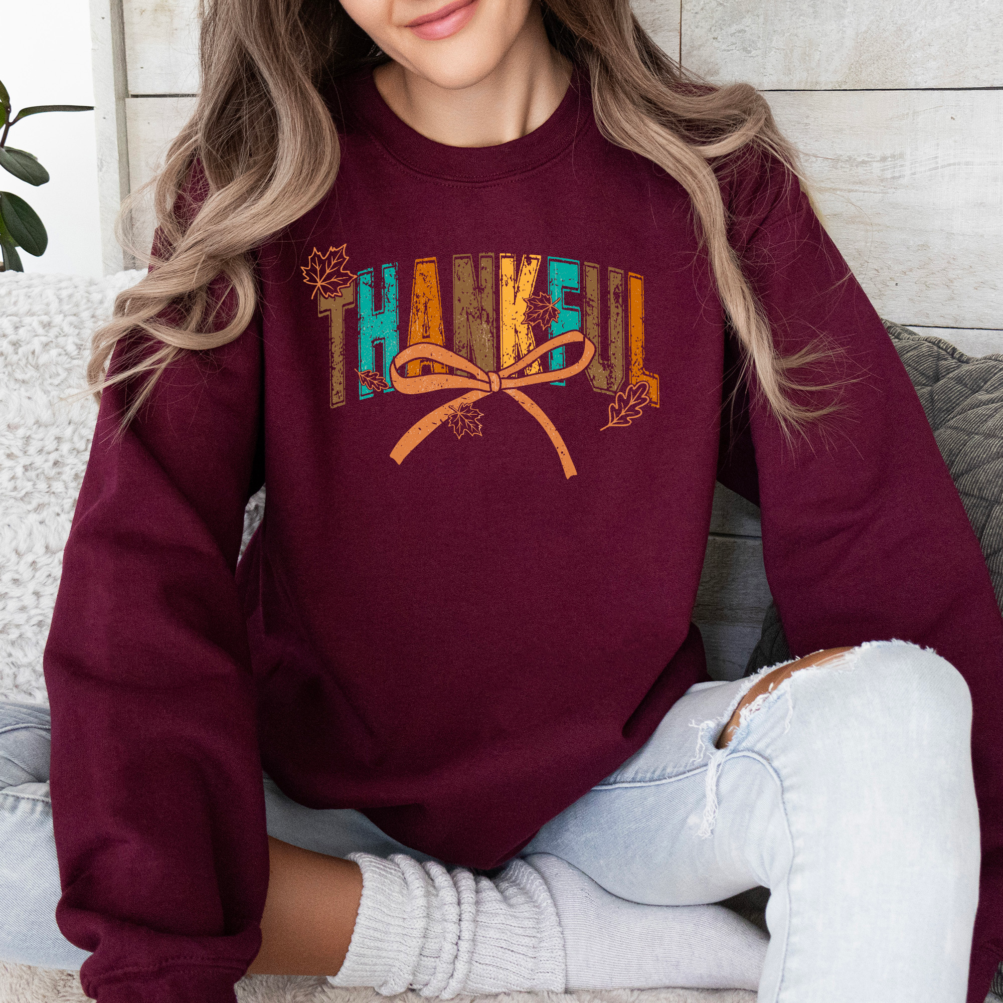 Thankful Fall Autumn Bow Ribbon Floral Sunflower Pumpkin Harvest Cozy Warm Seasonal Charm Sweatshirt