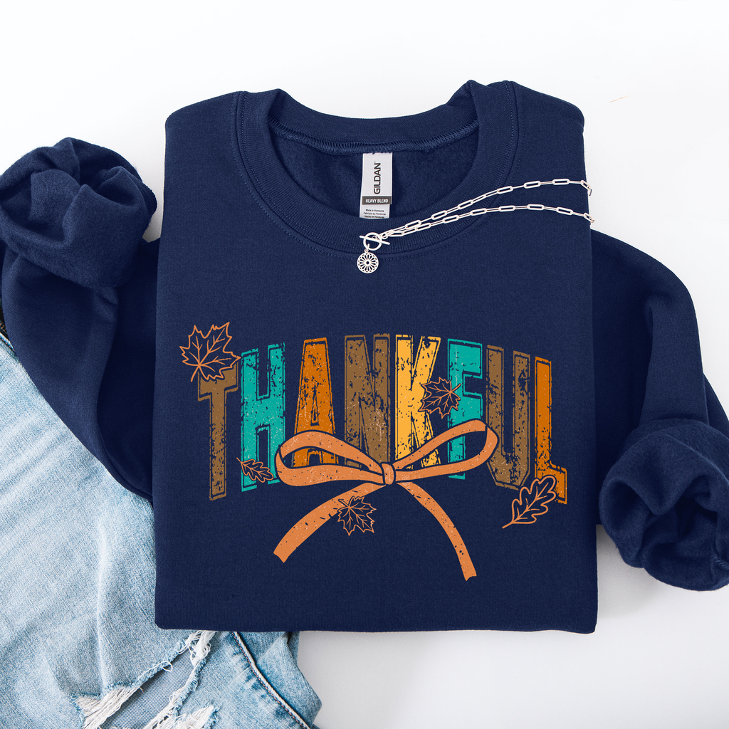 Thankful Fall Autumn Bow Ribbon Floral Sunflower Pumpkin Harvest Cozy Warm Seasonal Charm Sweatshirt