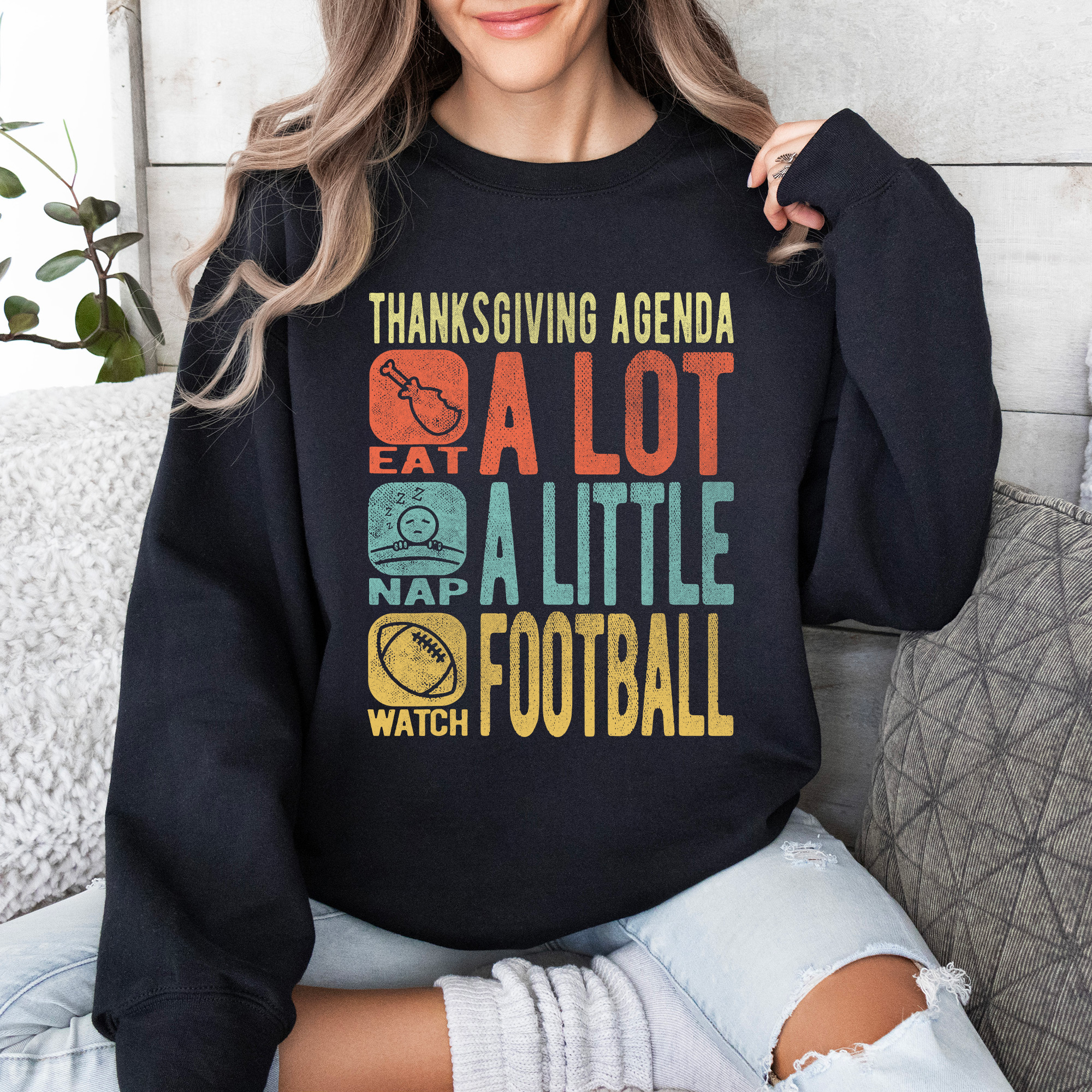 Thanksgiving Agenda Turkey Football Autumn Fall Themed Graphic Print Cozy Sweatshirt