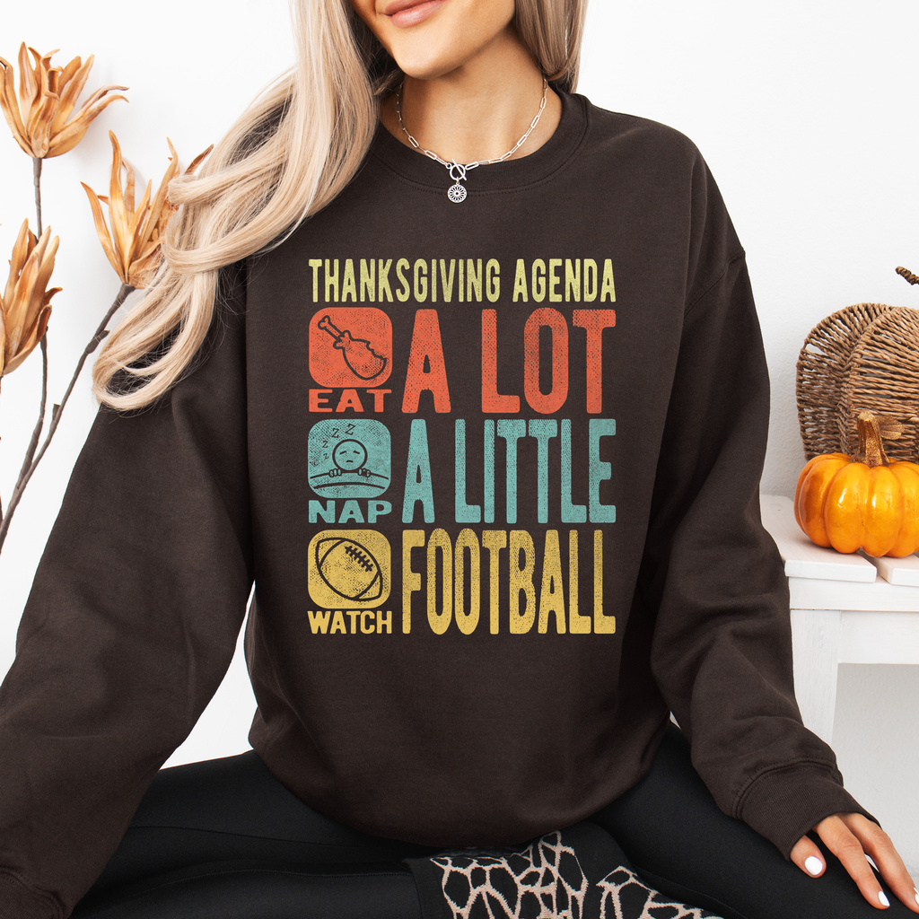 Thanksgiving Agenda Turkey Football Autumn Fall Themed Graphic Print Cozy Sweatshirt