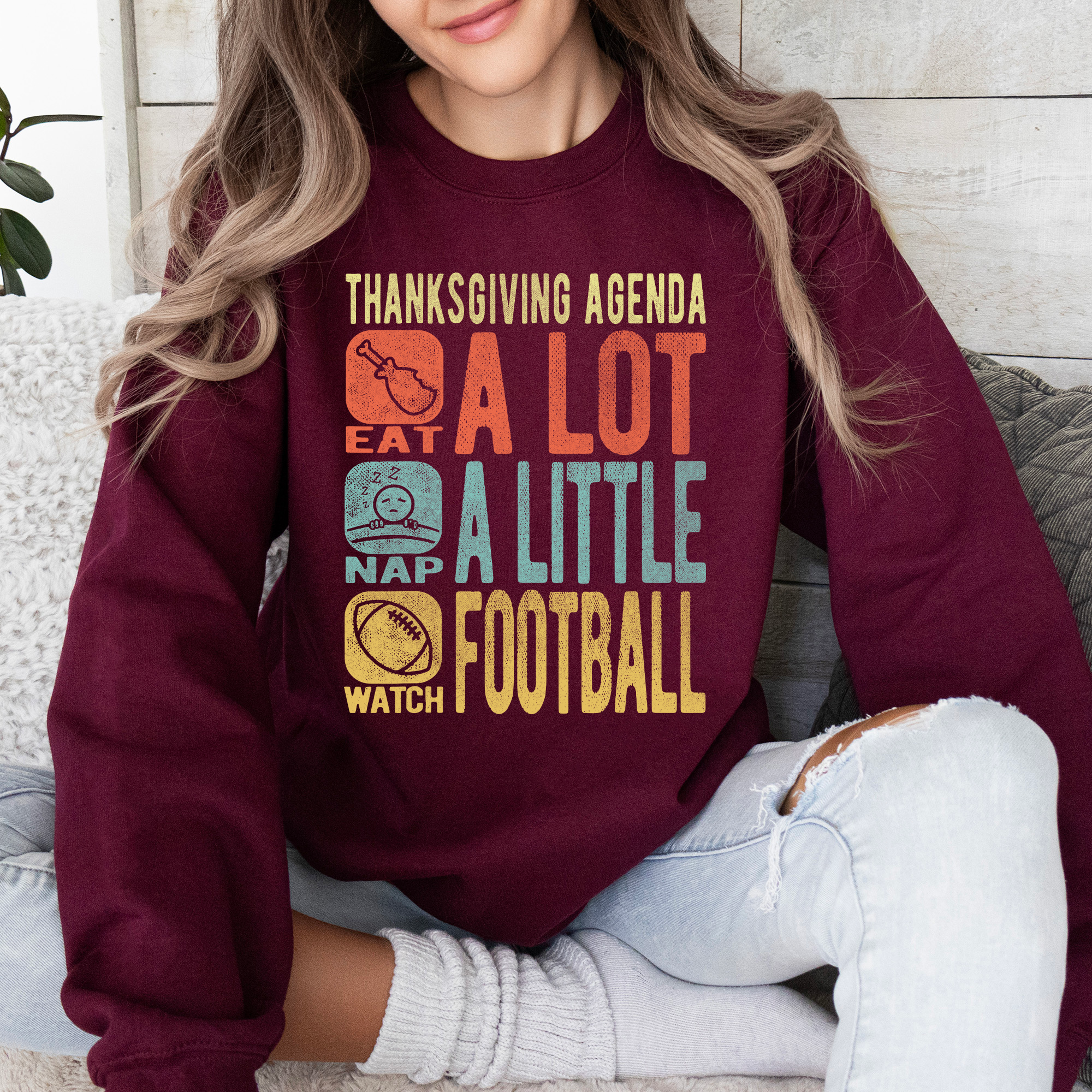 Thanksgiving Agenda Turkey Football Autumn Fall Themed Graphic Print Cozy Sweatshirt