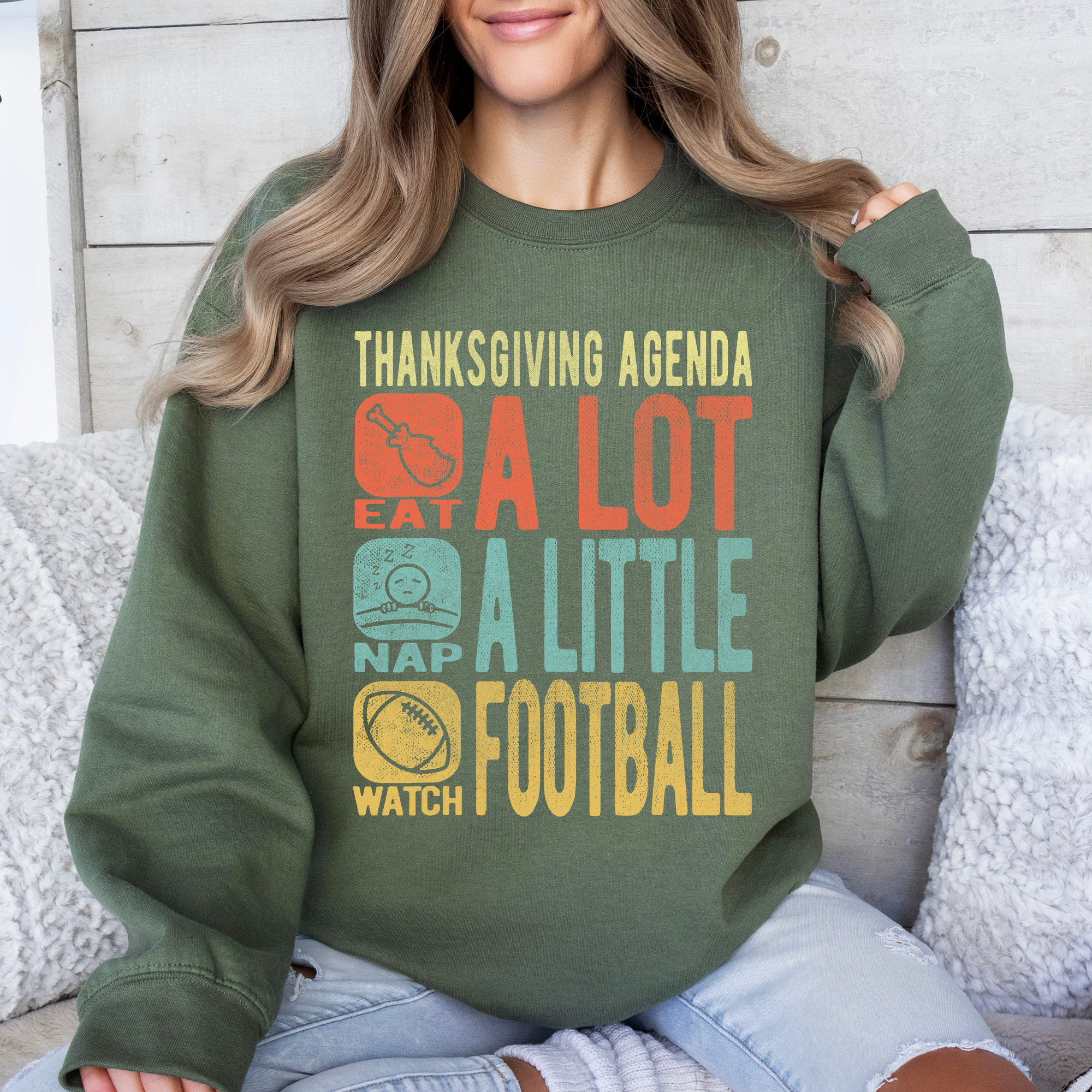 Thanksgiving Agenda Turkey Football Autumn Fall Themed Graphic Print Cozy Sweatshirt