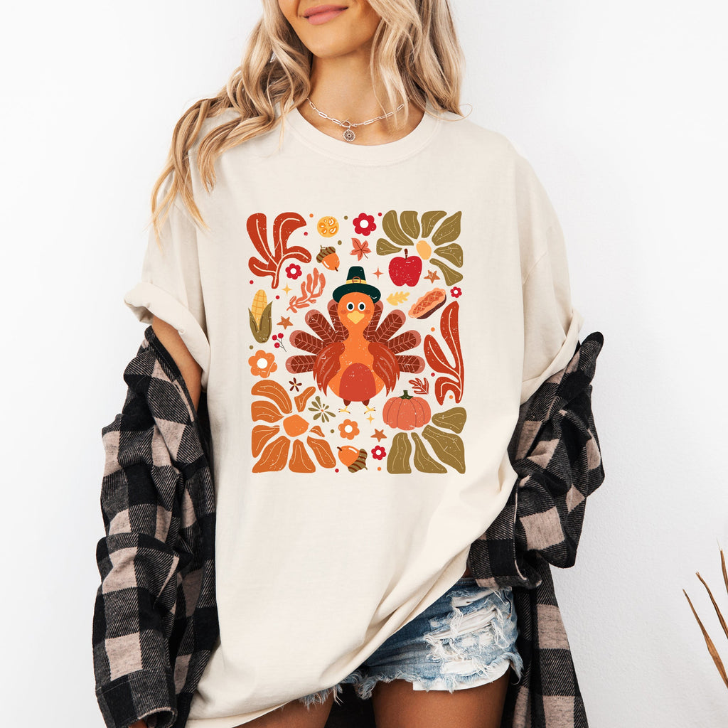 Thanksgiving Turkey With Floral Bouquet Boho Botanical Autumn Harvest Design Comfort Colors Tee