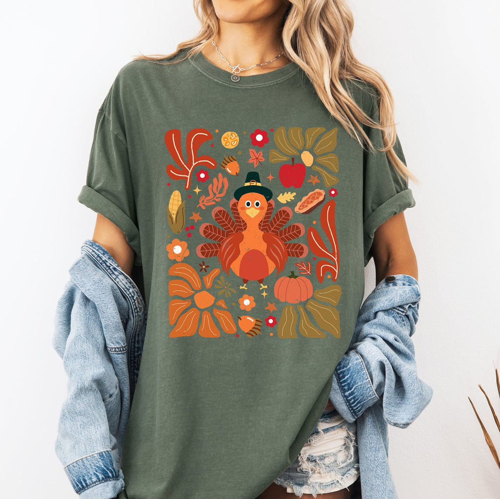 Thanksgiving Turkey With Floral Bouquet Boho Botanical Autumn Harvest Design Comfort Colors Tee