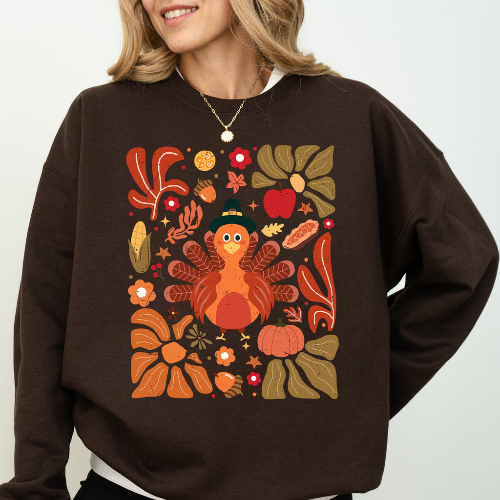 Thanksgiving Turkey Floral Boho Botanical Autumn Harvest Leaves Graphic Sweatshirt