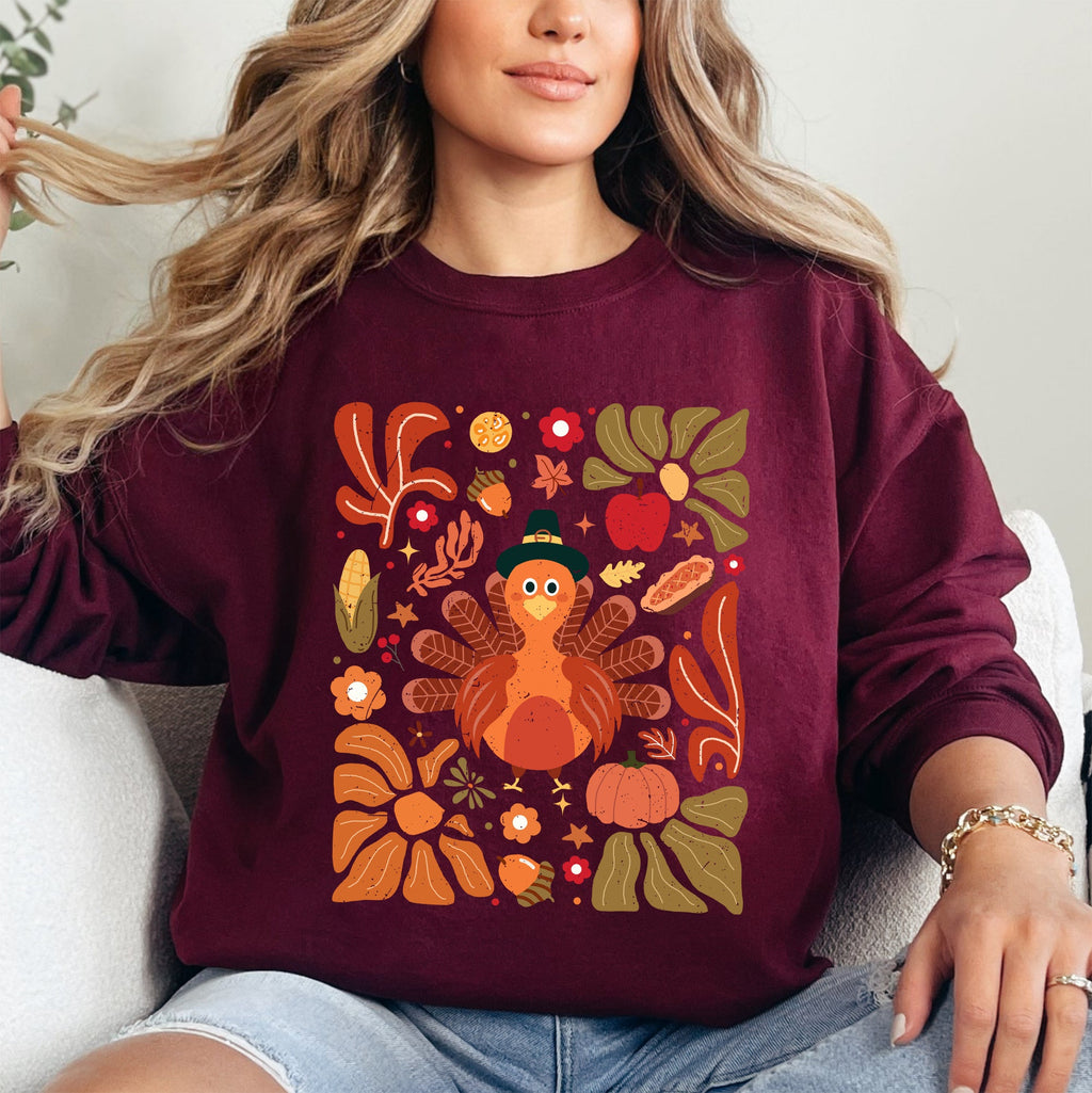 Thanksgiving Turkey Floral Boho Botanical Autumn Harvest Leaves Graphic Sweatshirt
