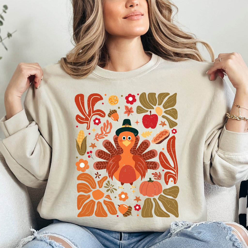 Thanksgiving Turkey Floral Boho Botanical Autumn Harvest Leaves Graphic Sweatshirt