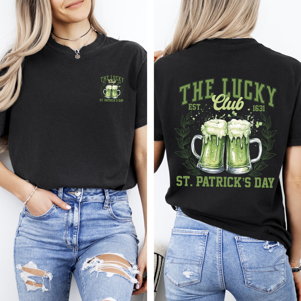 The Lucky Club Drinking Beer St Patrick's Day Shamrock Clover Leprechaun Comfort Colors Tee