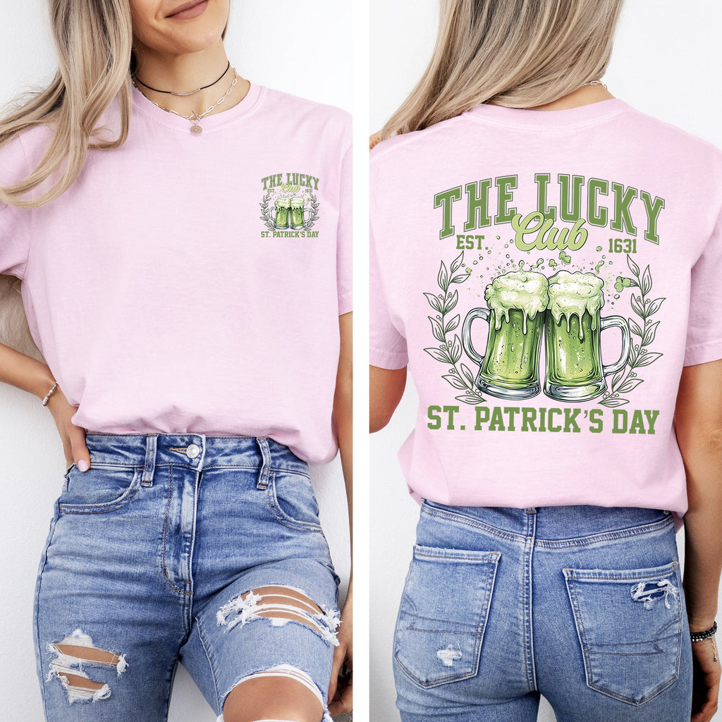 The Lucky Club Drinking Beer St Patrick's Day Shamrock Clover Leprechaun Comfort Colors Tee