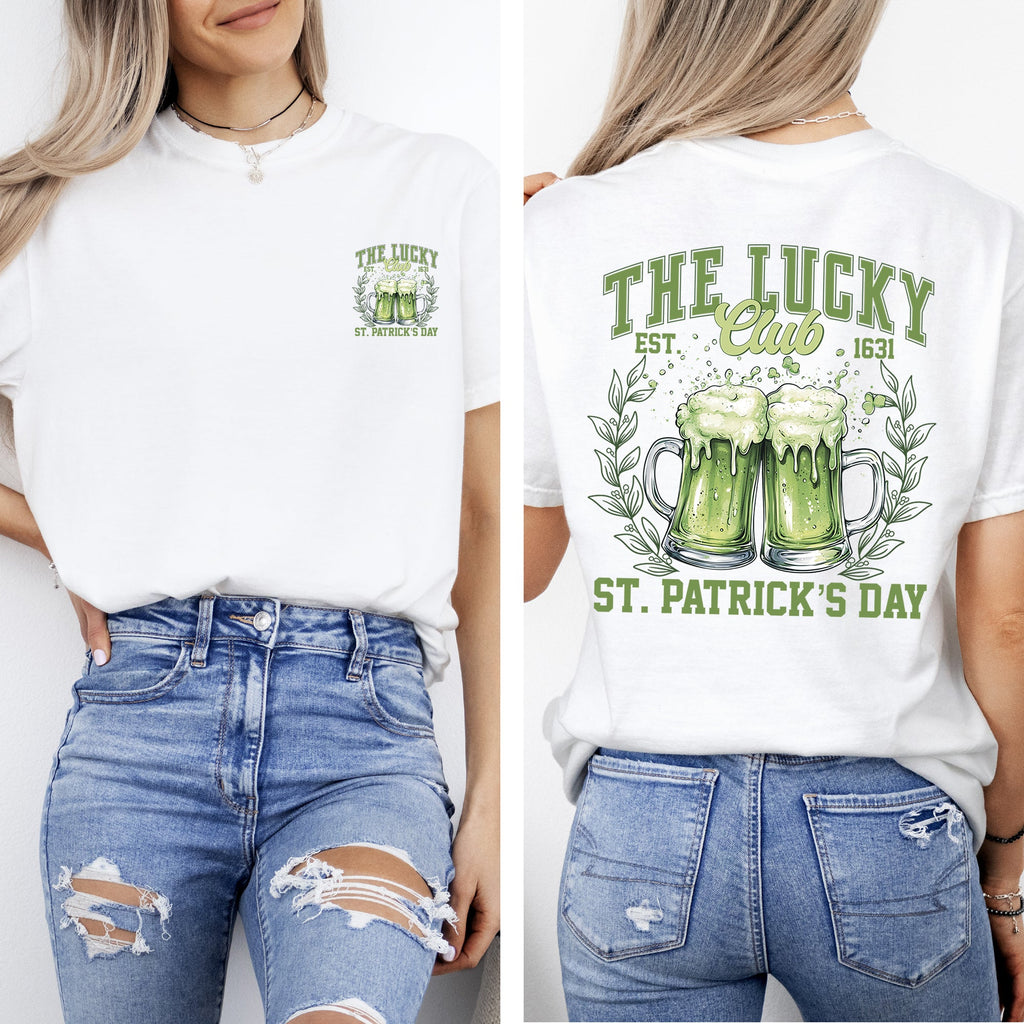 The Lucky Club Drinking Beer St Patrick's Day Shamrock Clover Leprechaun Comfort Colors Tee