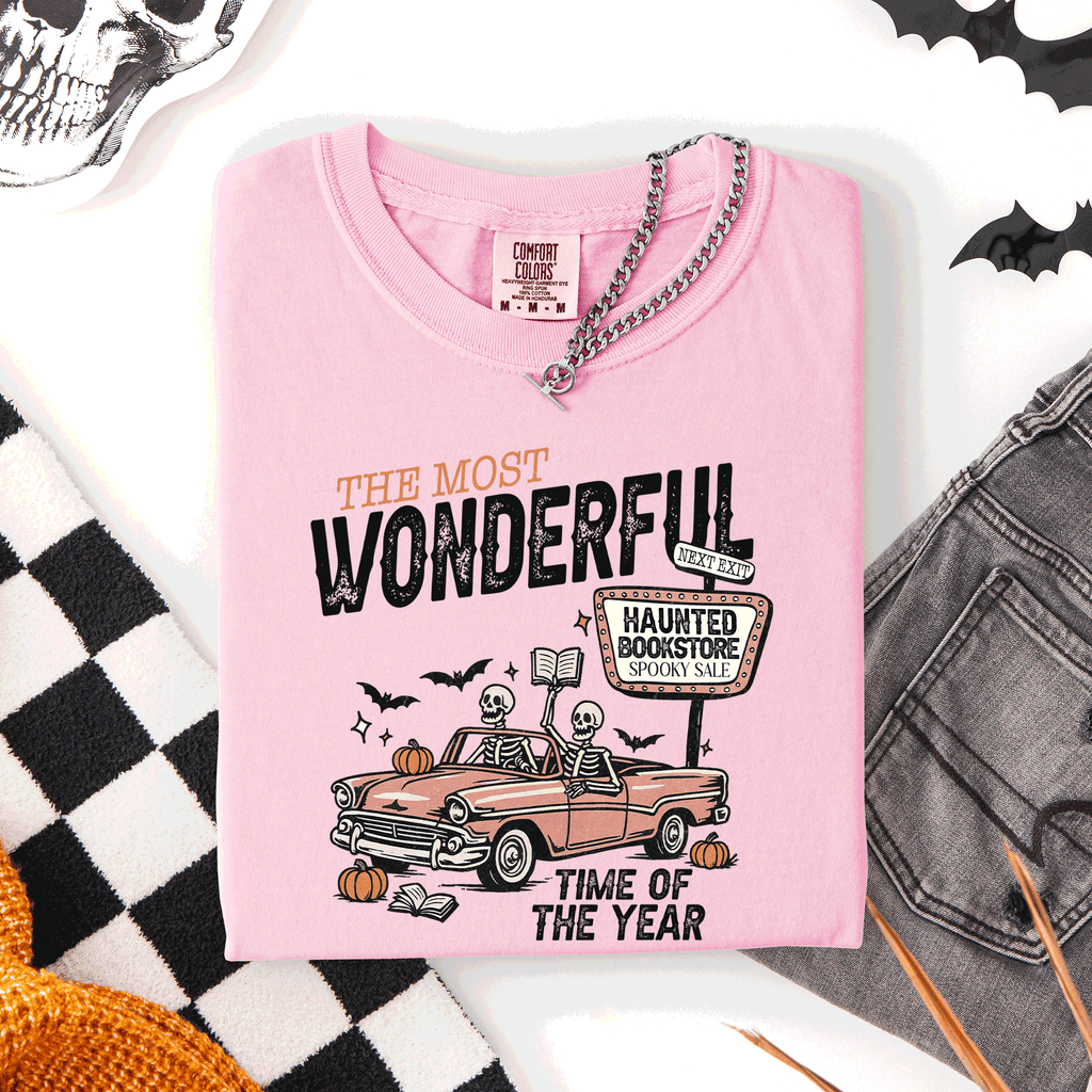 The Most Wonderful Time Of The Year Reading Skeleton Halloween Haunted Library Comfort Colors Tee