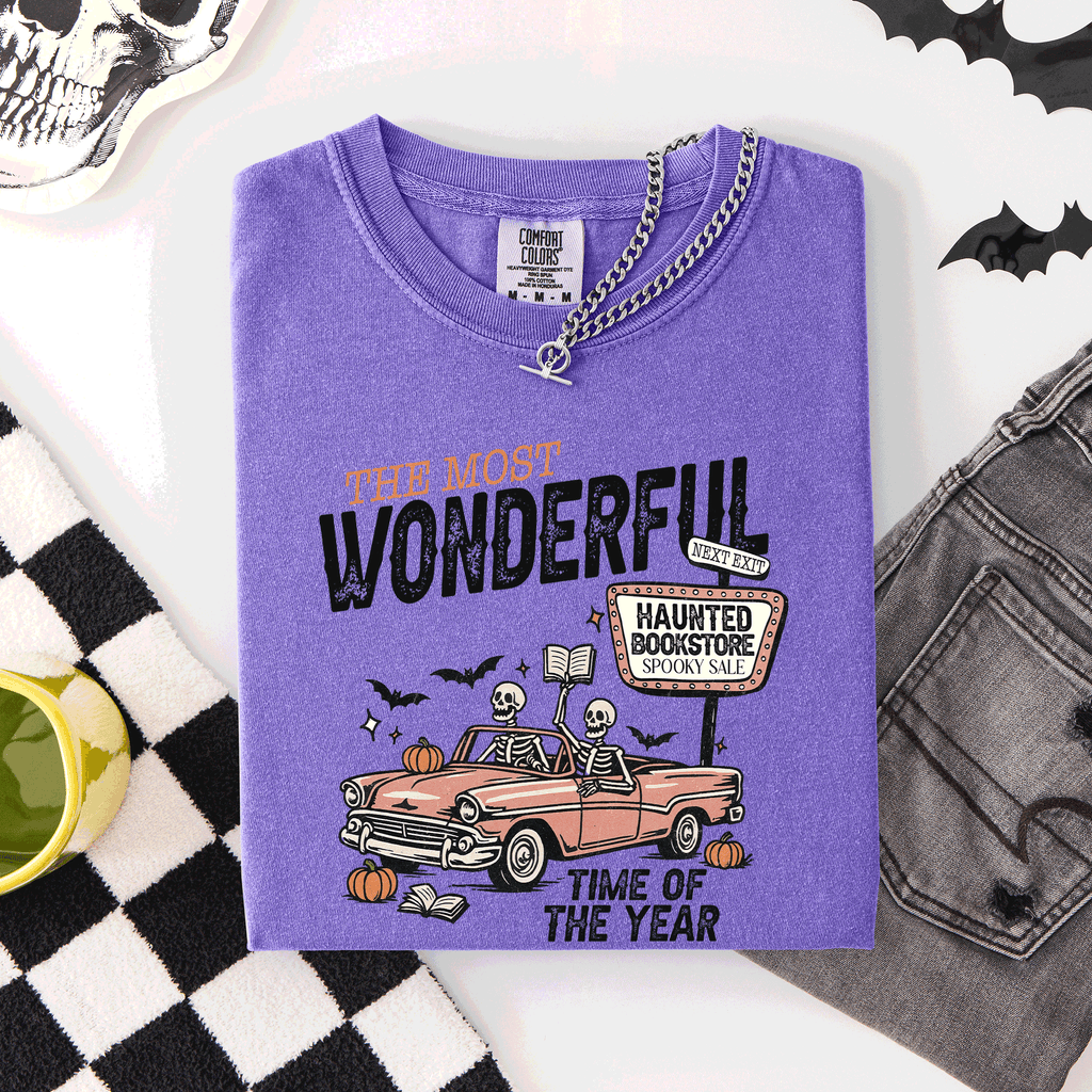 The Most Wonderful Time Of The Year Reading Skeleton Halloween Haunted Library Comfort Colors Tee