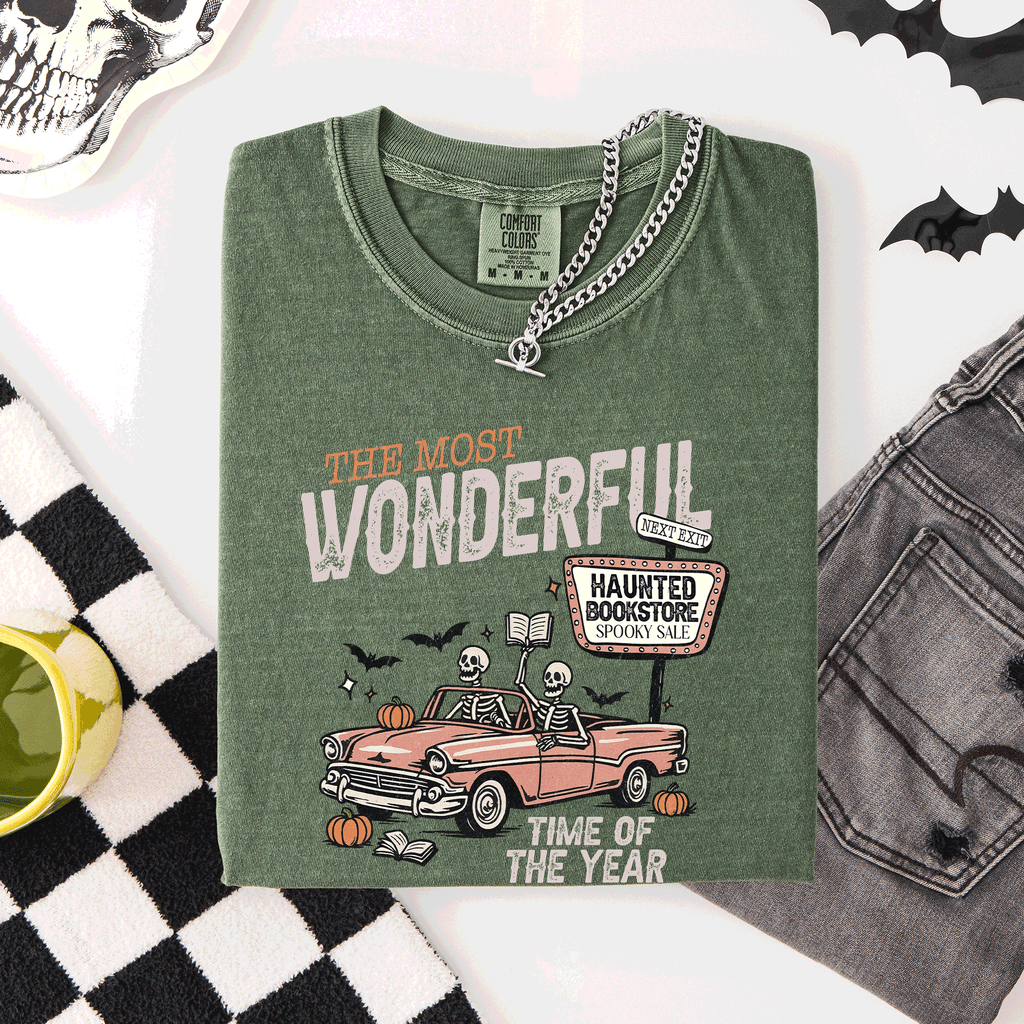 The Most Wonderful Time Of The Year Reading Skeleton Halloween Haunted Library Comfort Colors Tee