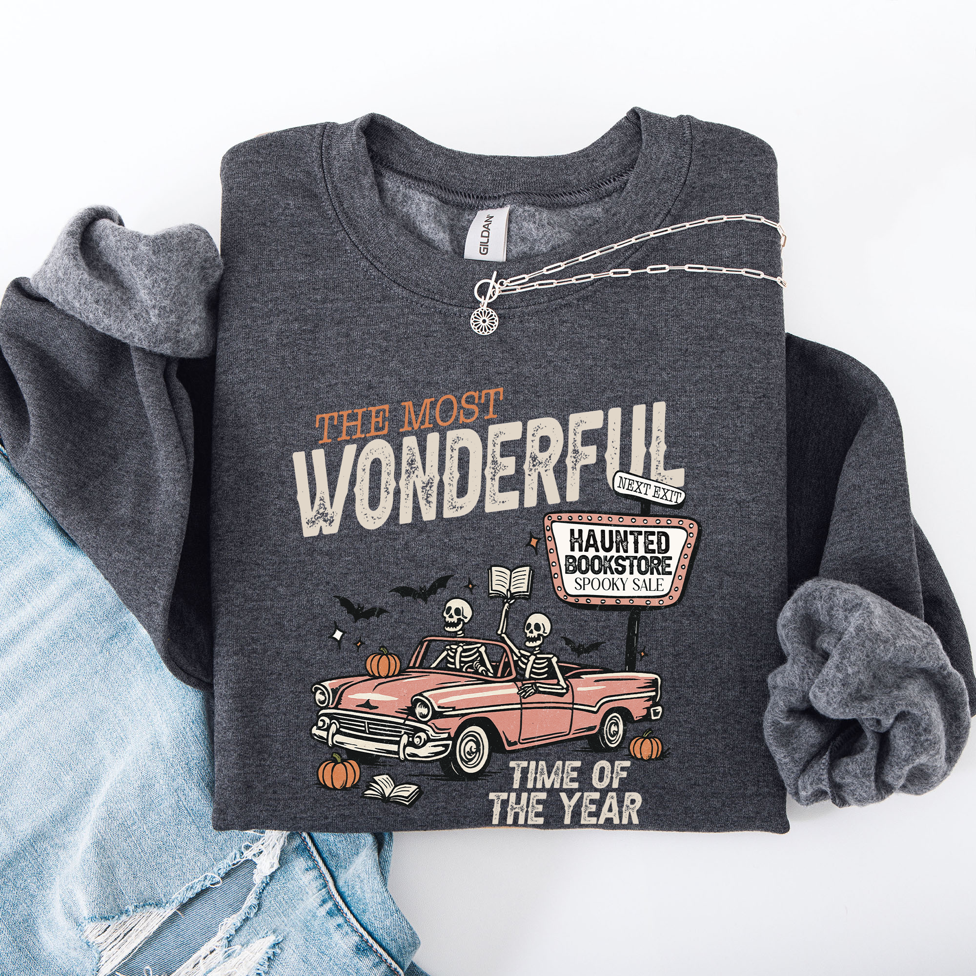 The Most Wonderful Time Of The Year Reading Skeleton Halloween Haunted Library Sweatshirt