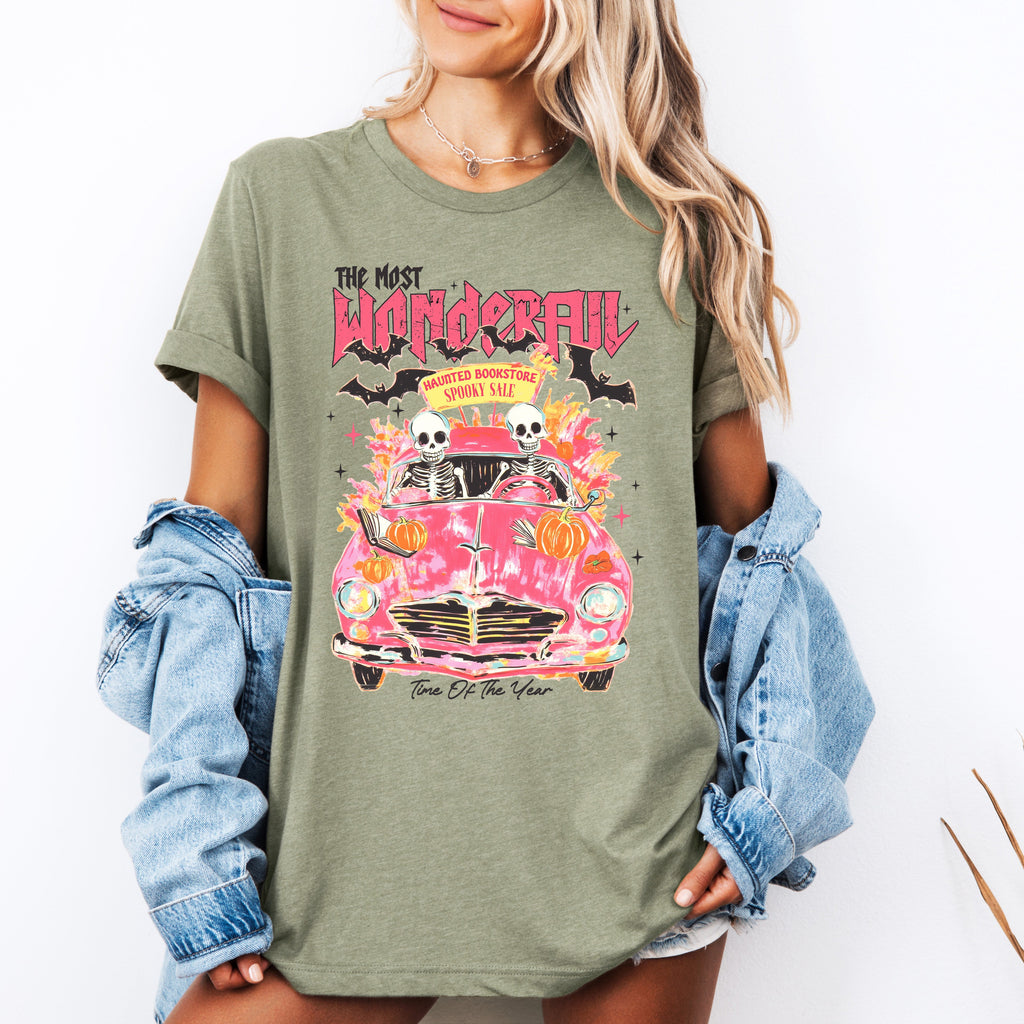 The Most Wonderful Time Of The Year Reading Skeletons Spooky Halloween Graphic Tee