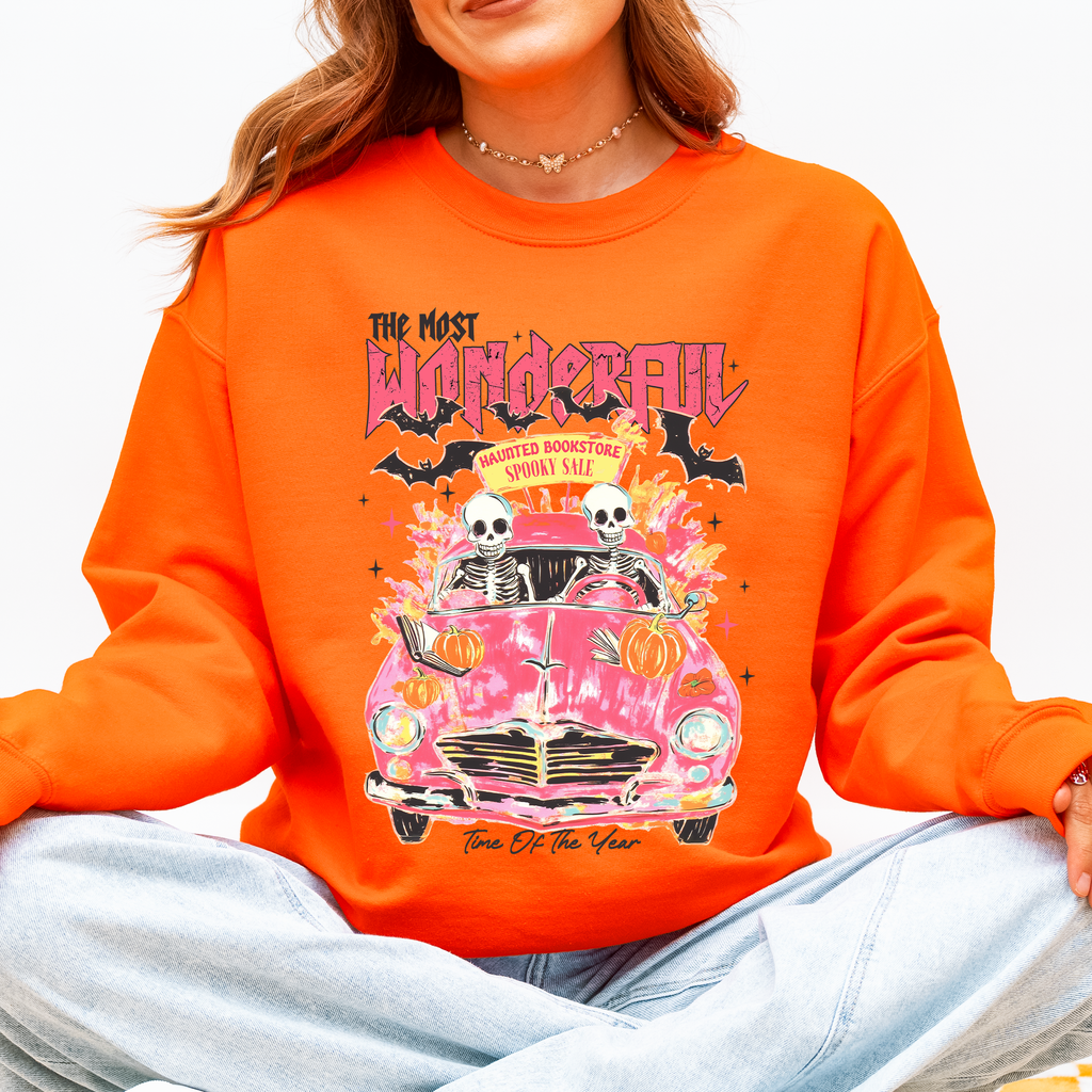The Most Wonderful Time Of The Year Reading Skeletons Spooky Halloween Graphic Sweatshirt