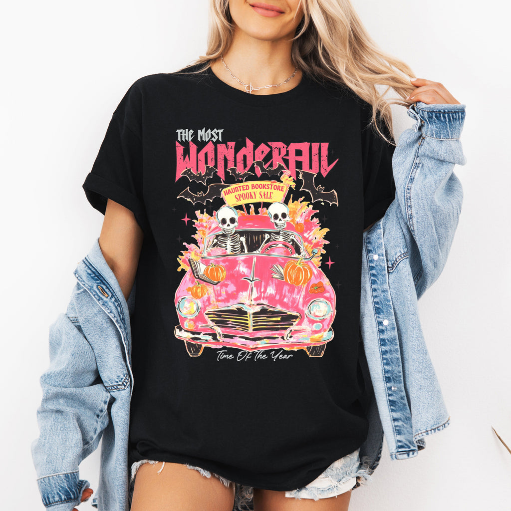 The Most Wonderful Time Of The Year Reading Skeletons Spooky Halloween Graphic Tee